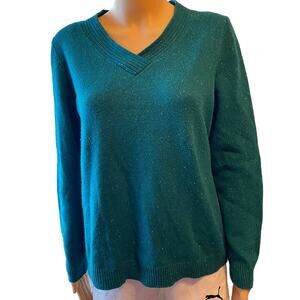 Talbots Wool Cotton VNeck Green Pullover Sweater Women LP LongSleeve Soft Luxury